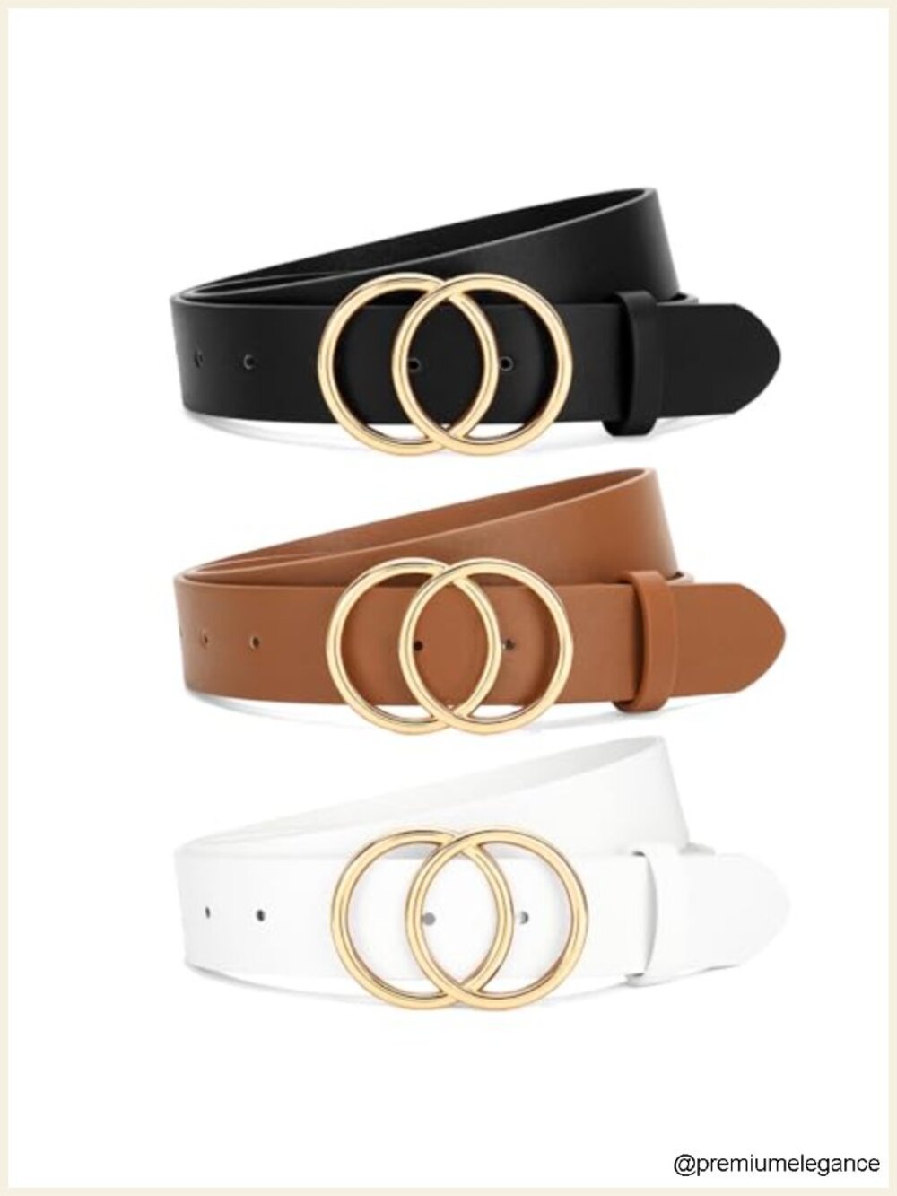 3 Pack Women's Faux Leather Belts with Double O Ring Gold Buckle